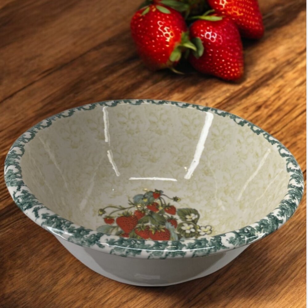 GIANT SERVING BOWL -- Strawberry Pattern, Green Lacy Rim, X-Large Heavy, Vintage